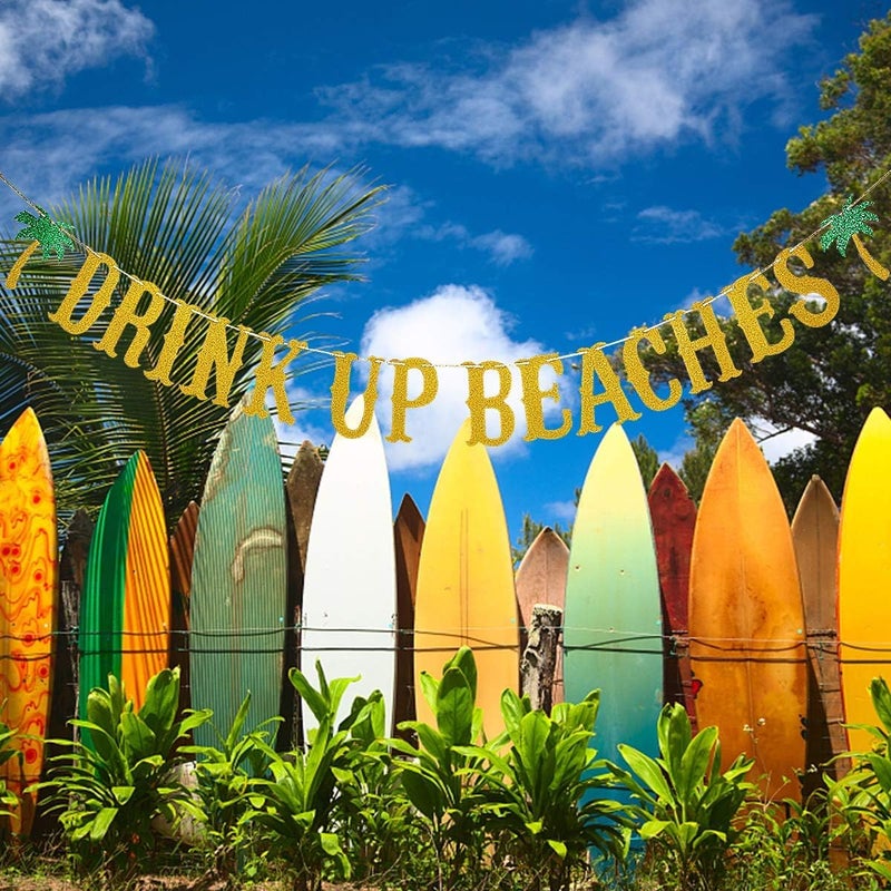 LeeSky Gold Glitter Drink Up Beaches Banner Drink Up Beaches Coconut Tree Banner- Hawaii Luau Summer Beach Party Decoration Supplies - Image 2